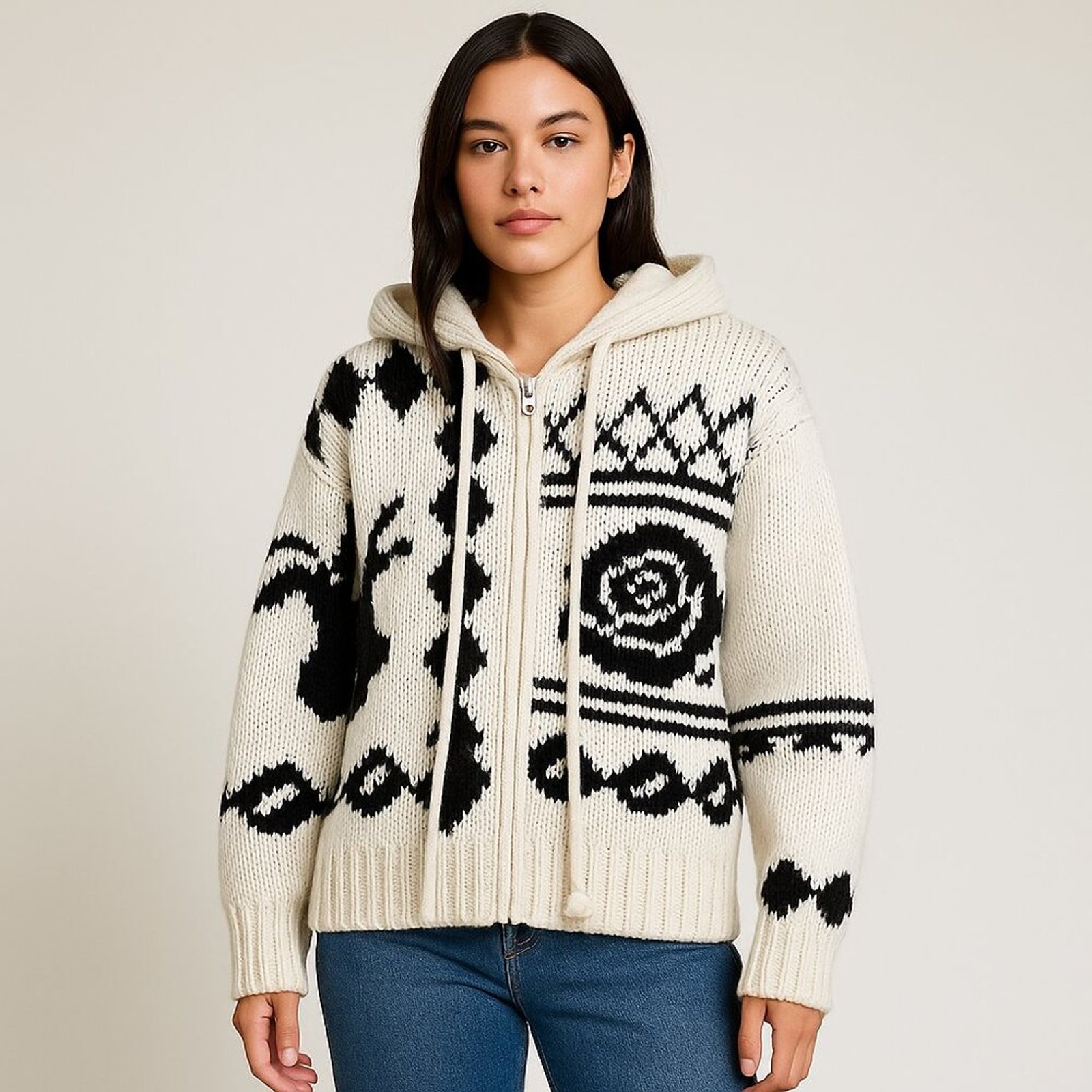 Open Yy Rose & Deer Jacquard Knit Jacket Ivory Zip Hoodie Wool Blend Size 1